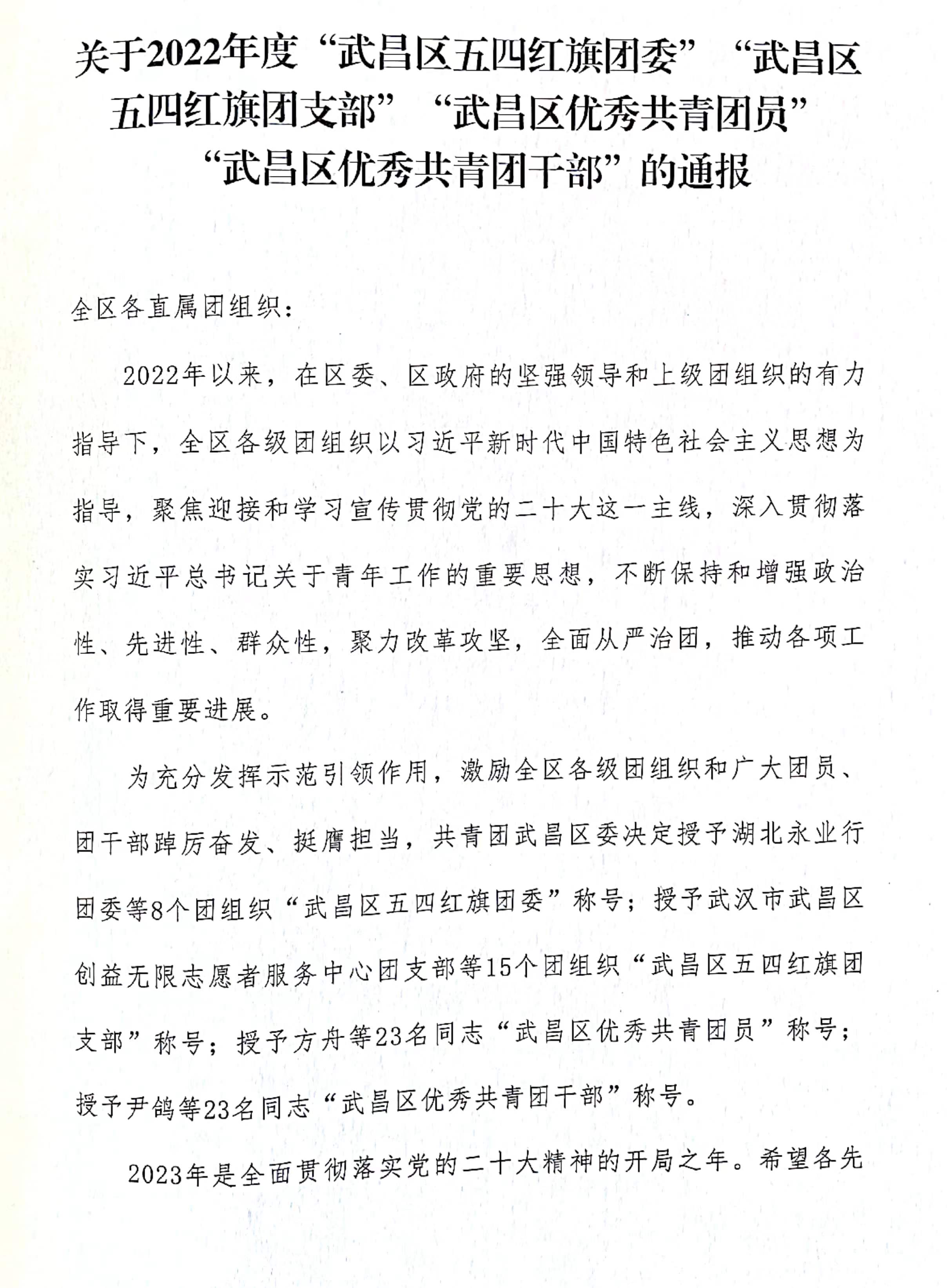 喜报！团武昌区委表彰我校四个先进集体和个人！