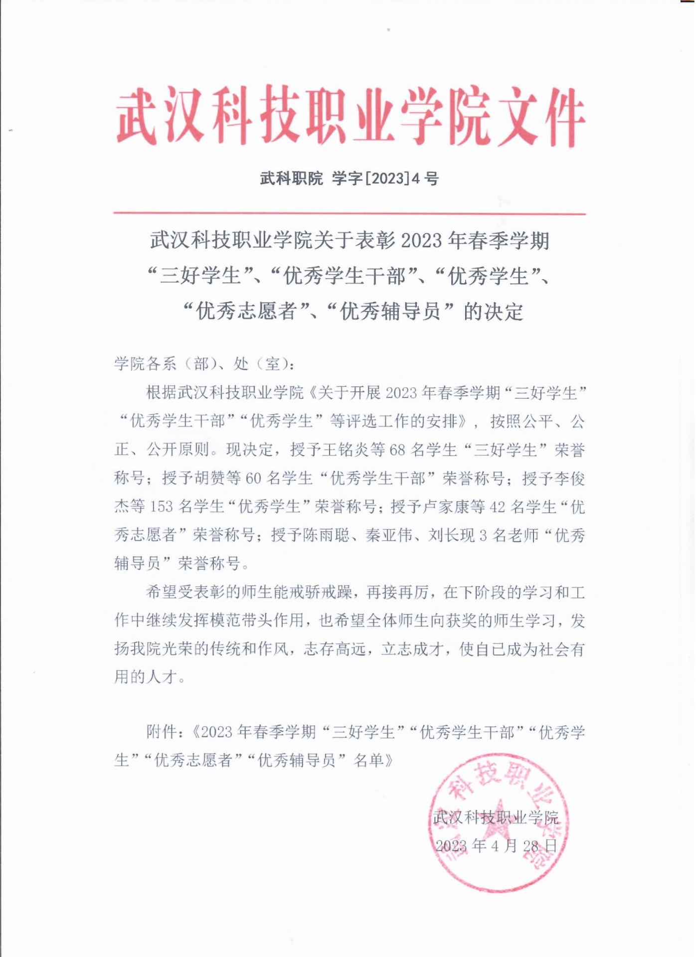 关于表彰世界杯官网2023年春季学期“三好学生”、“优秀学生干部”、“优秀学生”、“优秀志愿者”、“优秀辅导员”的决定